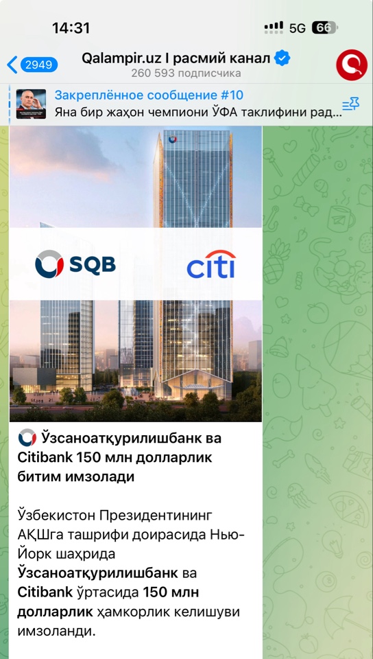 SQB va Citibank 150 mln dollarlik bitim umzoladi